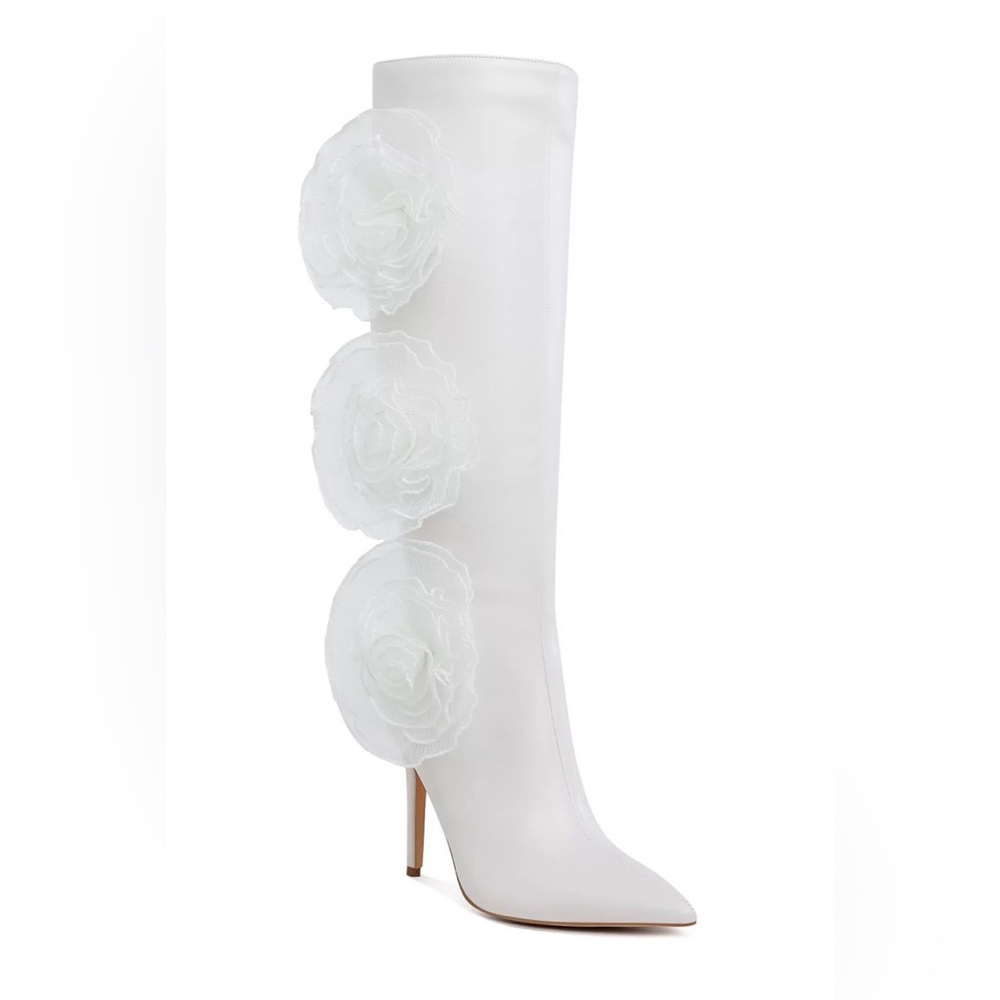 SOLD Elegant White Knee-High Boots with Floral Accents